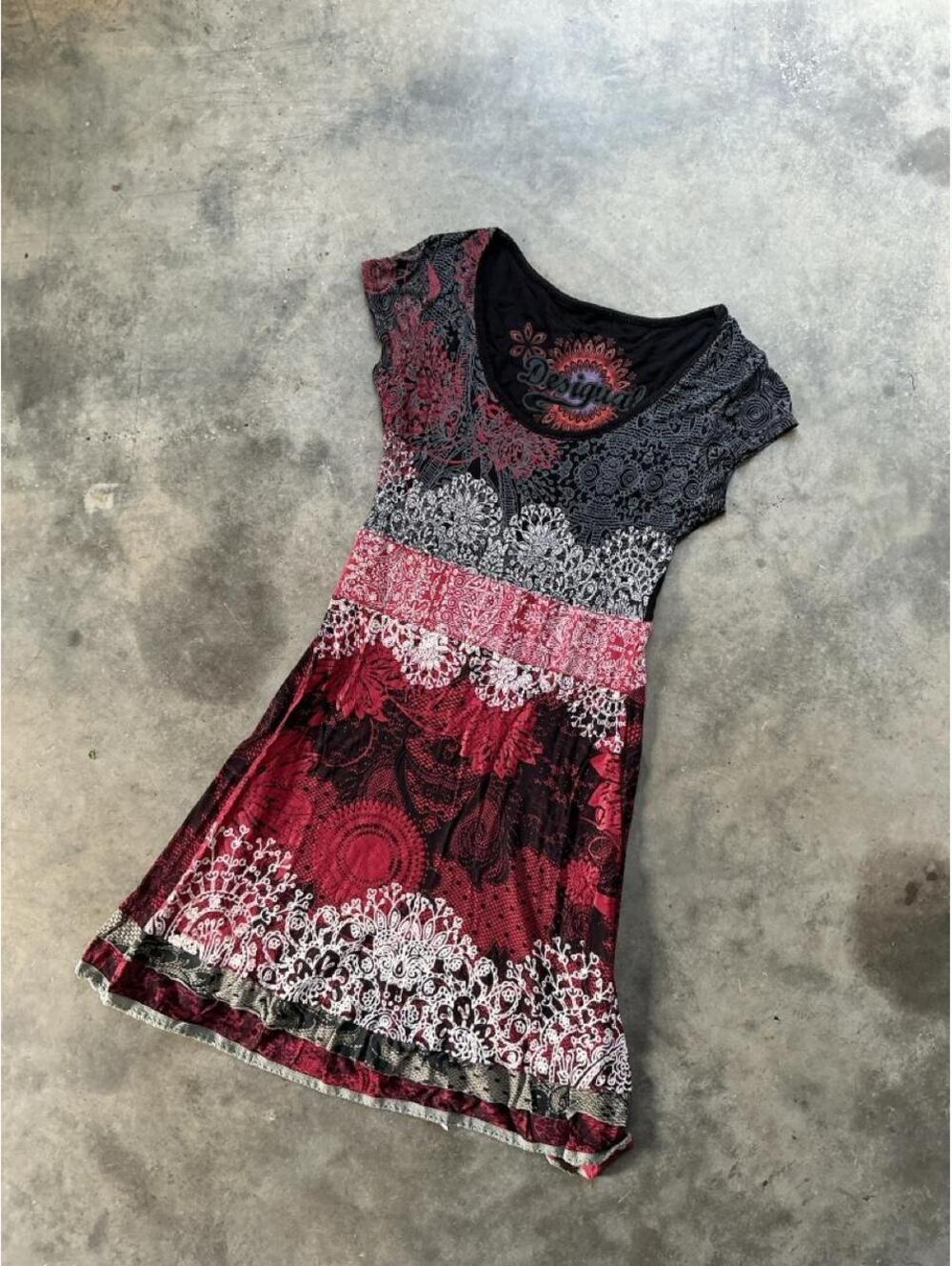 Desigual Red & Black Lace Print Mini Dress | Y2K Boho Fit & Flare Dress
